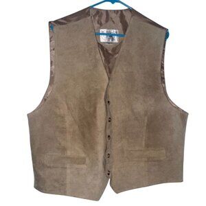 John Ashford Mens Suede Vest Large  Brown Leather Button Front Sleeveless Satin